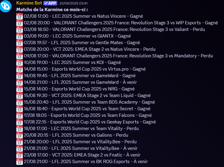 Calendrier des matchs